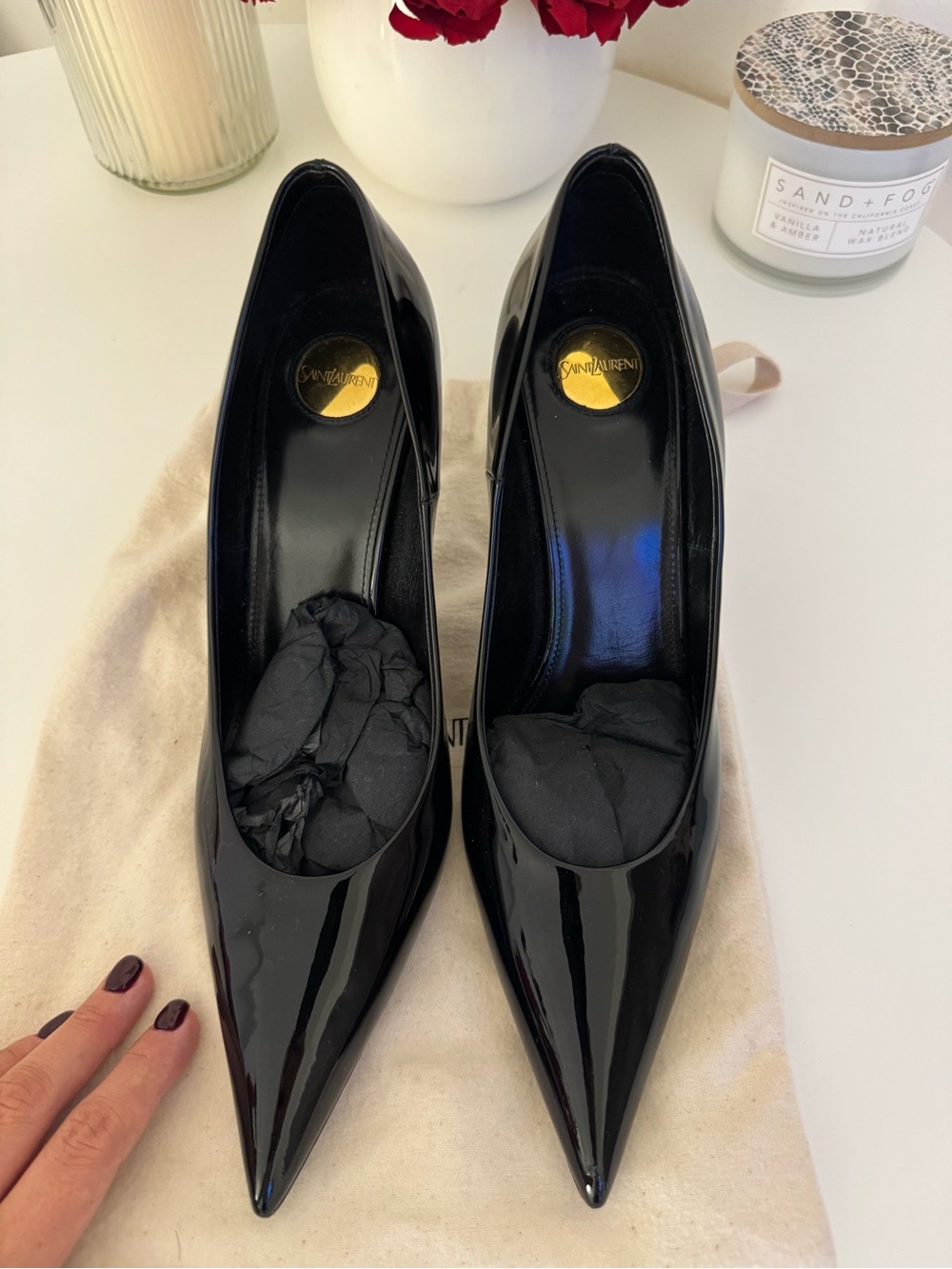 Yves Saint Laurent Black Patent Pointed Toe Pumps with Gold Insole Accents